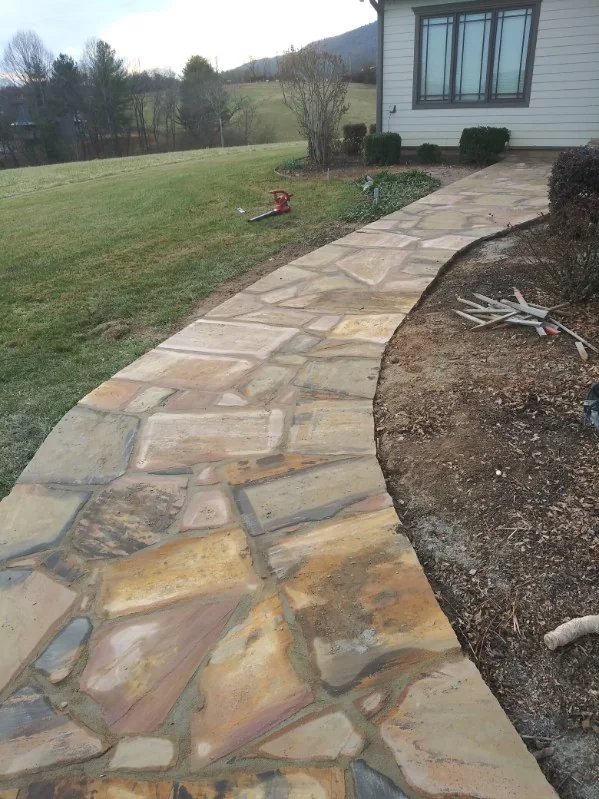 A curving flagstone walkway between lawn and planting bed